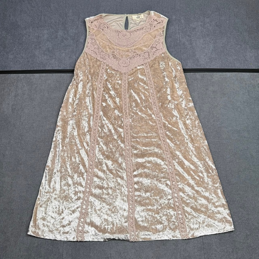 Entro Champagne Crushed Velvet Lace Yoke Sleeveless Shift Dress Y2k Large